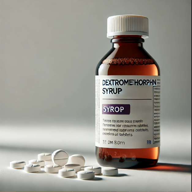 A near-up picture of a dextromethorphan syrup bottle along tablets on a white background.