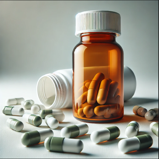 A close-up image of dextromethorphan hydrobromide capsules and a cough syrup bottle on a white historical past.