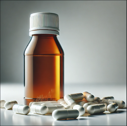 A close-up photograph of a bottle of dextromethorphan hydrobromide cough syrup with capsules located beside it on a white history.