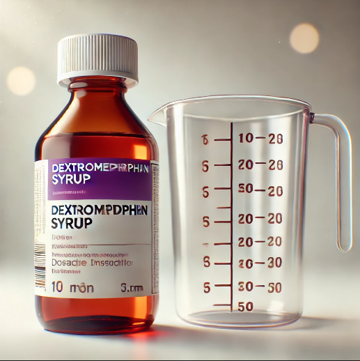 A remedy bottle of dextromethorphan syrup with a measuring cup showing dosage commands.