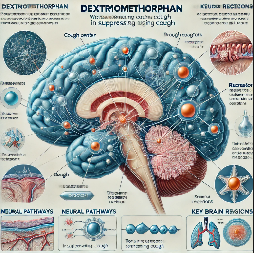 A medical illustration depicting the mind's cough middle and the way dextromethorphan affects neuronal activity.