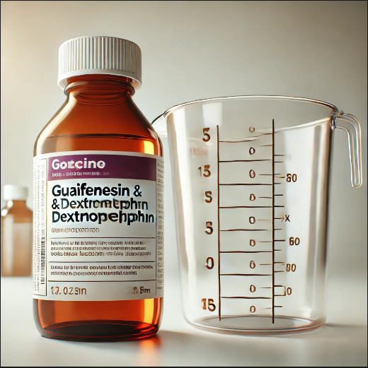 A bottle of guaifenesin and dextromethorphan medication with a measuring cup displaying dosage commands.