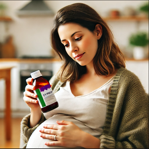 A pregnant girl conserving a bottle of cough syrup and reading the label to test for safe components.