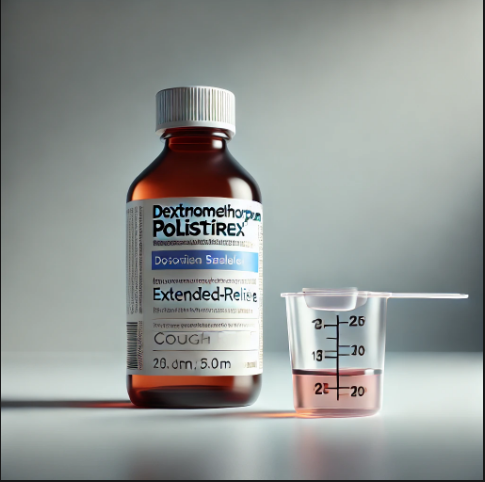 A bottle of dextromethorphan polistirex cough syrup with dosage commands for prolonged cough relief.