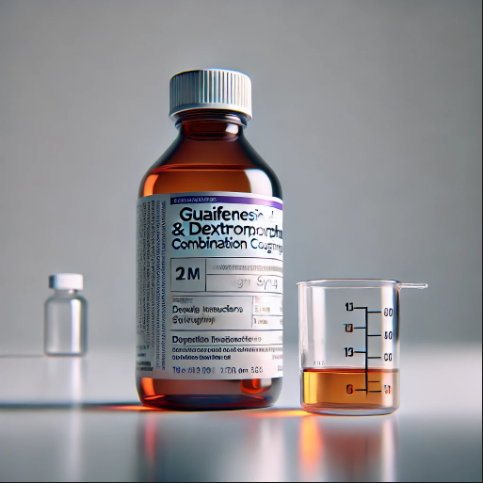 A bottle of guaifenesin and dextromethorphan cough syrup with dosage instructions for powerful cough remedy.