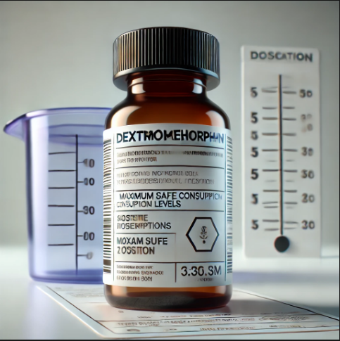 A medicine bottle with dosage recommendations to demonstrate the secure most consumption of dextromethorphan.