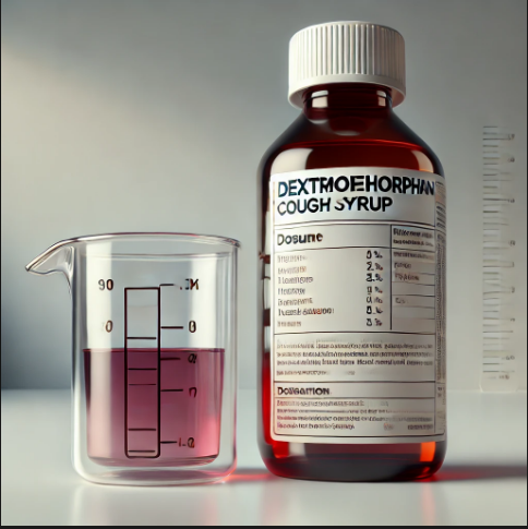 A bottle of dextromethorphan cough syrup with measuring cup displaying an appropriate dosage for secure use.