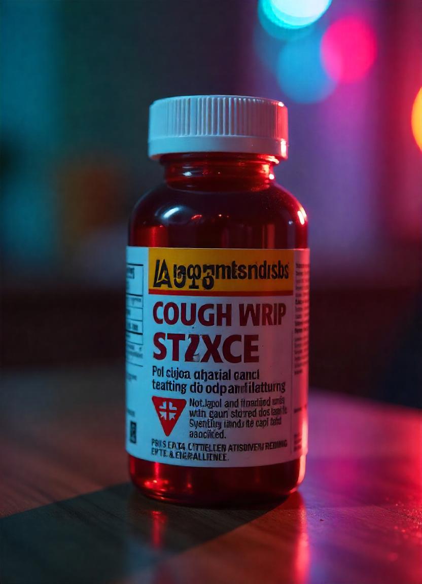 A caution label on a cough medication bottle indicating the dangers of dextromethorphan overdose.