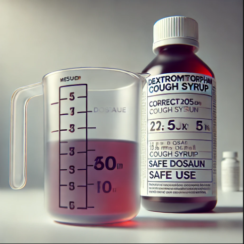 A measuring cup with the right dosage of dextromethorphan cough syrup to make certain safe use.