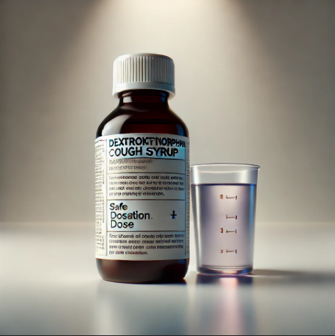 A bottle of dextromethorphan cough syrup with dosage commands for secure consumption.